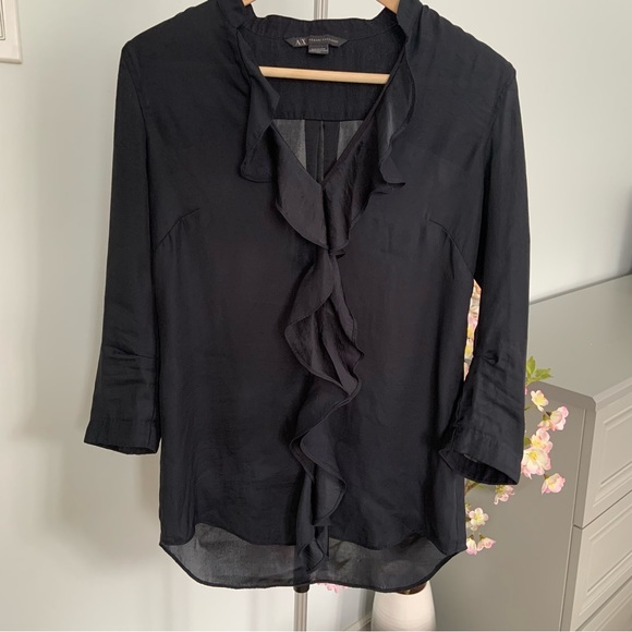 ARMANI EXCHANGE SILKY RUFFLE FRONT BLOUSE / BLACK / BUTTON UP / SMALL - Picture 4 of 4